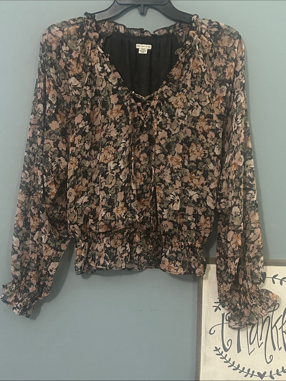 American Eagle Black Floral, Front Lace-Up Tie Peasant Blouse